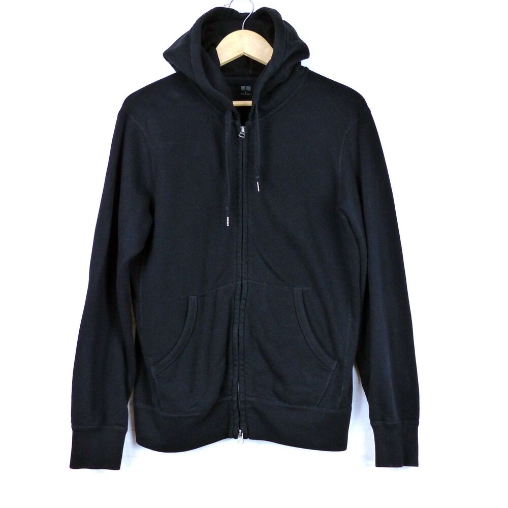 Uniqlo Double Zip Hoodie Mens M Black Full Zip Sweatshirt Jacket Cotton 164200